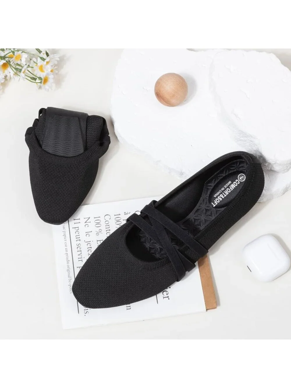 Women's Black Knit Square Toe Ballet Flats Mary Jane Slip On Causal Shoes